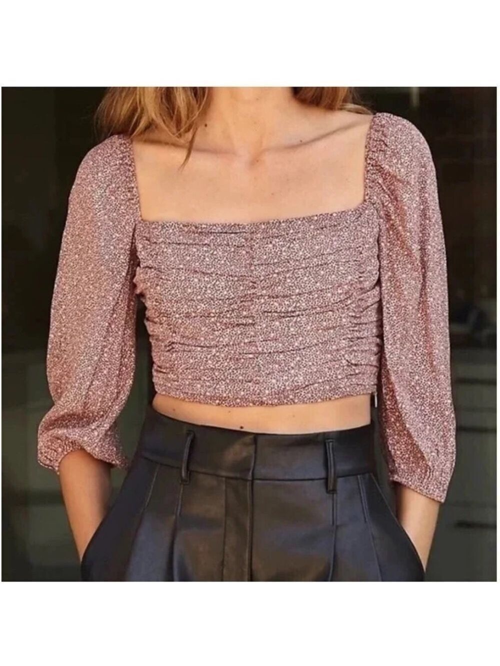 Wilfred Aritzia Floral Crop Top Lolita Blouse Puff Sleeve Smocked Ruched Size XS